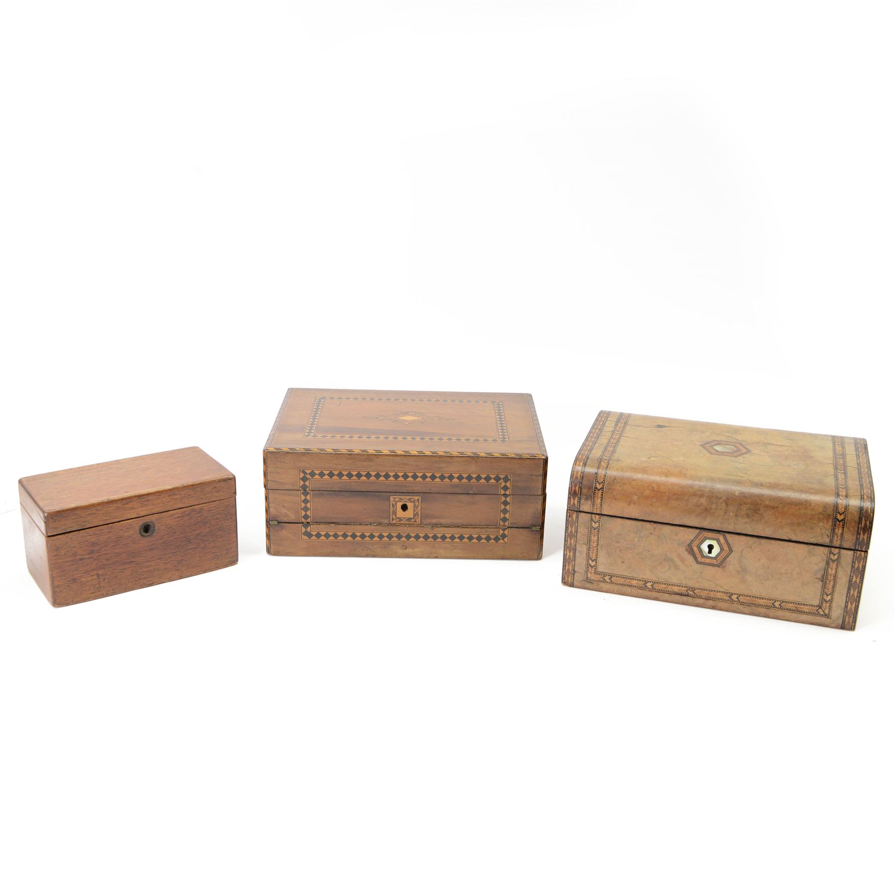 Victorian writing slope, with Turnbridge-ware styled Inlaid borders to the front and lid, opening to reveal and ebonised interior with letter rack, removable tray and writing slope and two further wooden boxes