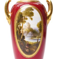 Early 20th century Royal Worcester vase and cover by Harry Davis, painted with a distant view of a castle and a couple resting on a red ground, heightened profusely with gilt, shape number 2422, printed marks in green to base, H25cm