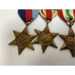 WWII group of six medals comprising 1939-45 Star, The Africa Star, The Italy Star, France and Germany Star, Defence Medal and War Medal 1939-45, awarded to 7899181 RAC C.W Hughes, together with two chevrons and ephemera relating to Charles William 'Bill' Hughes including Soldier's Release Book, photographs, certificates of transfers etc 