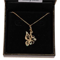 Silver and opal butterfly pendant necklace, boxed