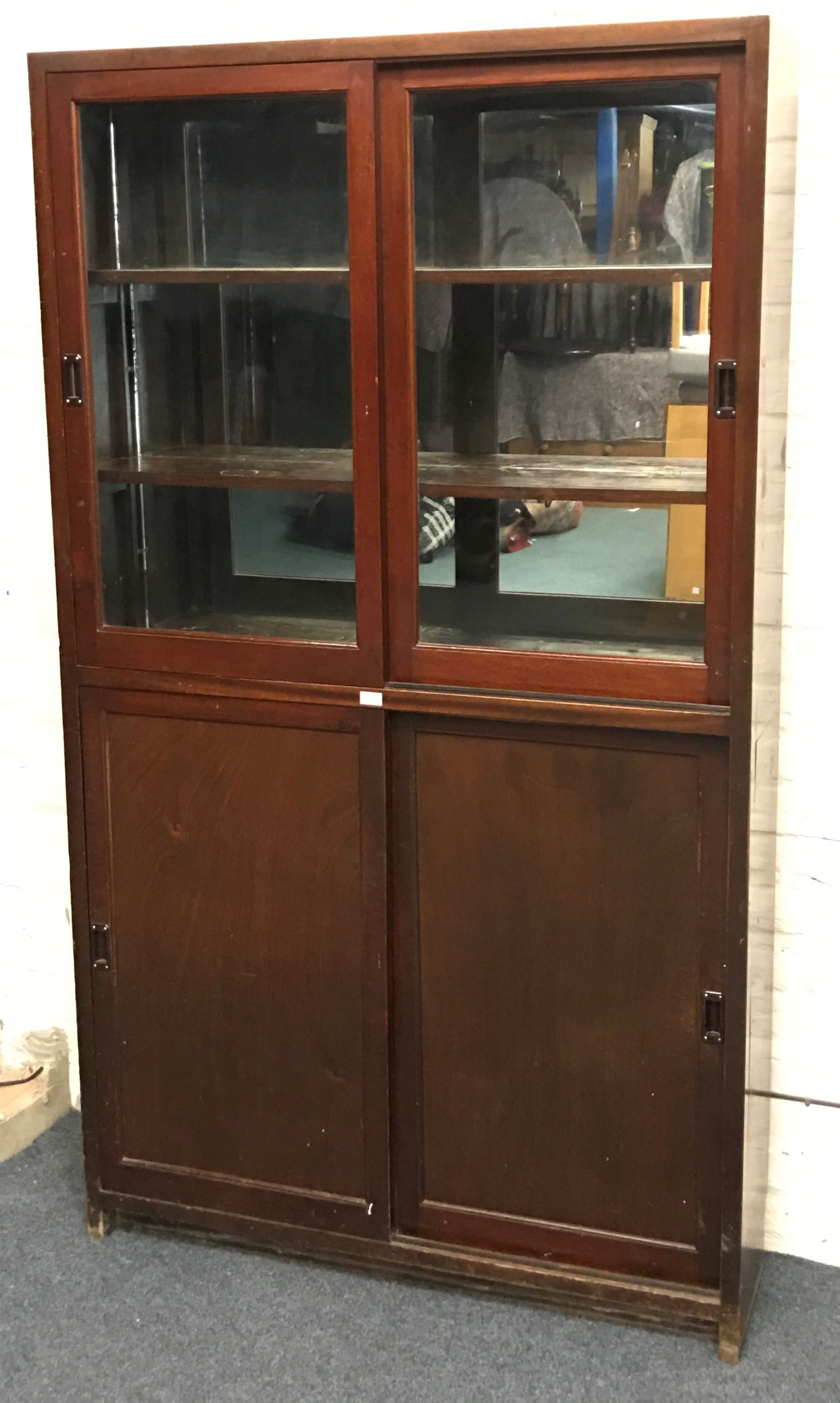 20th century pine mirror back display with sliding glass doors