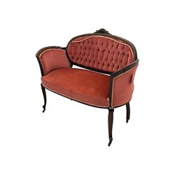 Edwardian inlaid rosewood parlour suite, comprising pair of tub shaped armchairs (W77cm, D69cm, H88cm); and matching two-seat sofa (W112cm, D69cm, H88cm), each with carved crest rails with shell motifs, deep button-tufted oval backs upholstered in pink fabric with braid trim, on cabriole supports