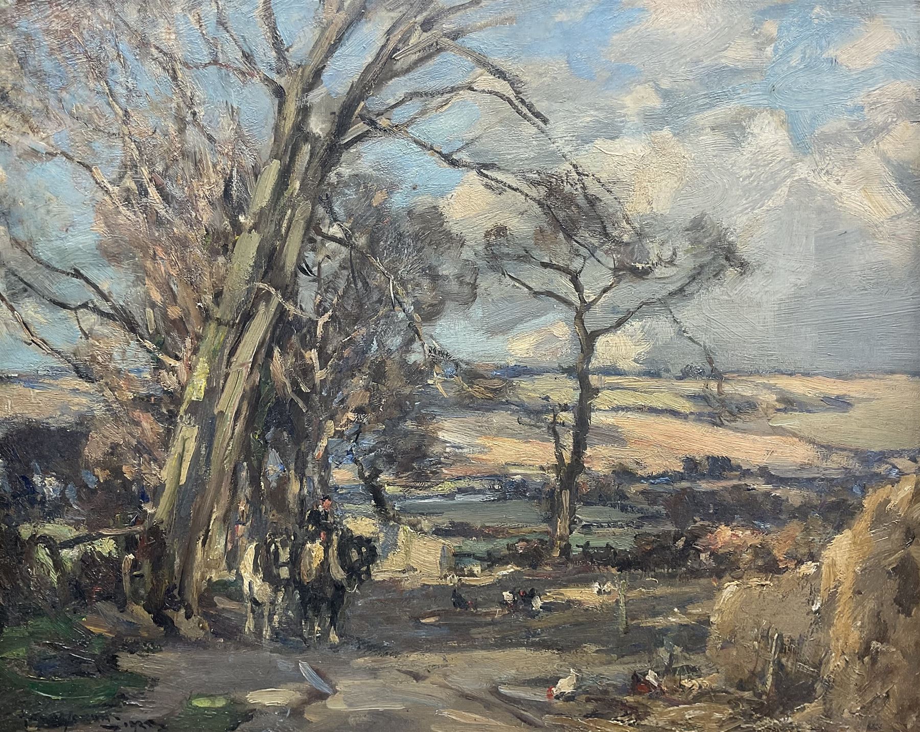 Owen Bowen (Staithes Group 1873-1967): Working Horses and Chickens on a Farm, oil on canvas signed 41.5cm x 51.5cm 