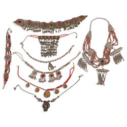 Collection of Middle Eastern jewellery, including silvered multi strand necklace with bead...