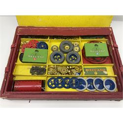 Meccano Outfit No.9 - with good quantity of red and green plates, strips, wheels, brackets, trunnions, tyres, cylinders etc; original box with lift-out tray and instruction manual
