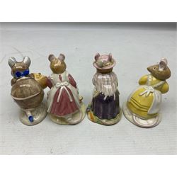 Six Royal Doulton Brambly Hedge figures, comprising Catkin DBH 12, Clover DBH 16, Lord Woodmouse DBH 4, Poppy Eyebright DBH 1, Mr Apple DBH 2, Old Mrs Eyebright DBH 9 and Beswick Beatrix Potter Appley Dapply figure, all with printed marks beneath