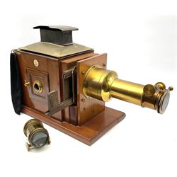 Victorian brass and mahogany 'Model C Challenge' magic lantern projector by J. Lizars, with long and short lenses, bears inset maker's plaque, L50cm excluding lenses (lacking burner)