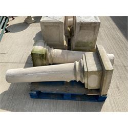 Set of four cast stone architectural columns, tapering form, on square plinth bases