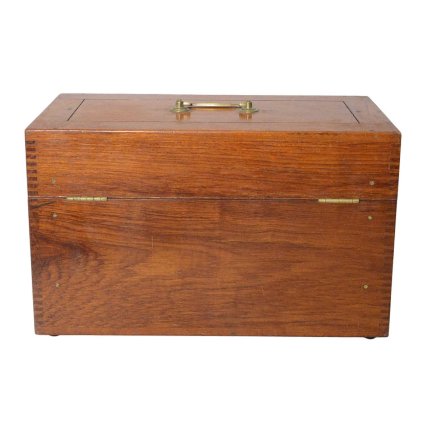 Two writing slopes, including brass bound mahogany example, together with a wooden box with brass handles to sides and cover, tallest H28cm