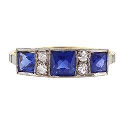  Art Deco 18ct gold milgrain set three stone French cut sapphire and four stone old cut diamond ring by R. Bros, stamped, total sapphire weight approx 1.00 carat