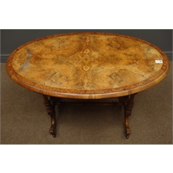  Victorian walnut oval stretcher table on four turned supports, and stretcher, W98cm, H69cm, D55cm  