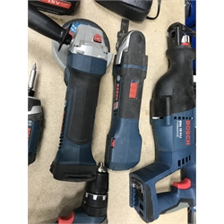 A quantity of Bosch Professional power tools including the GSB 18-2LI plus drill, GOP18V V-EC multi tool, GWS 18V-LI angle grinder, GDR 18-Li drill and a GSA 18 V-LI reciprocating saw with carry bag