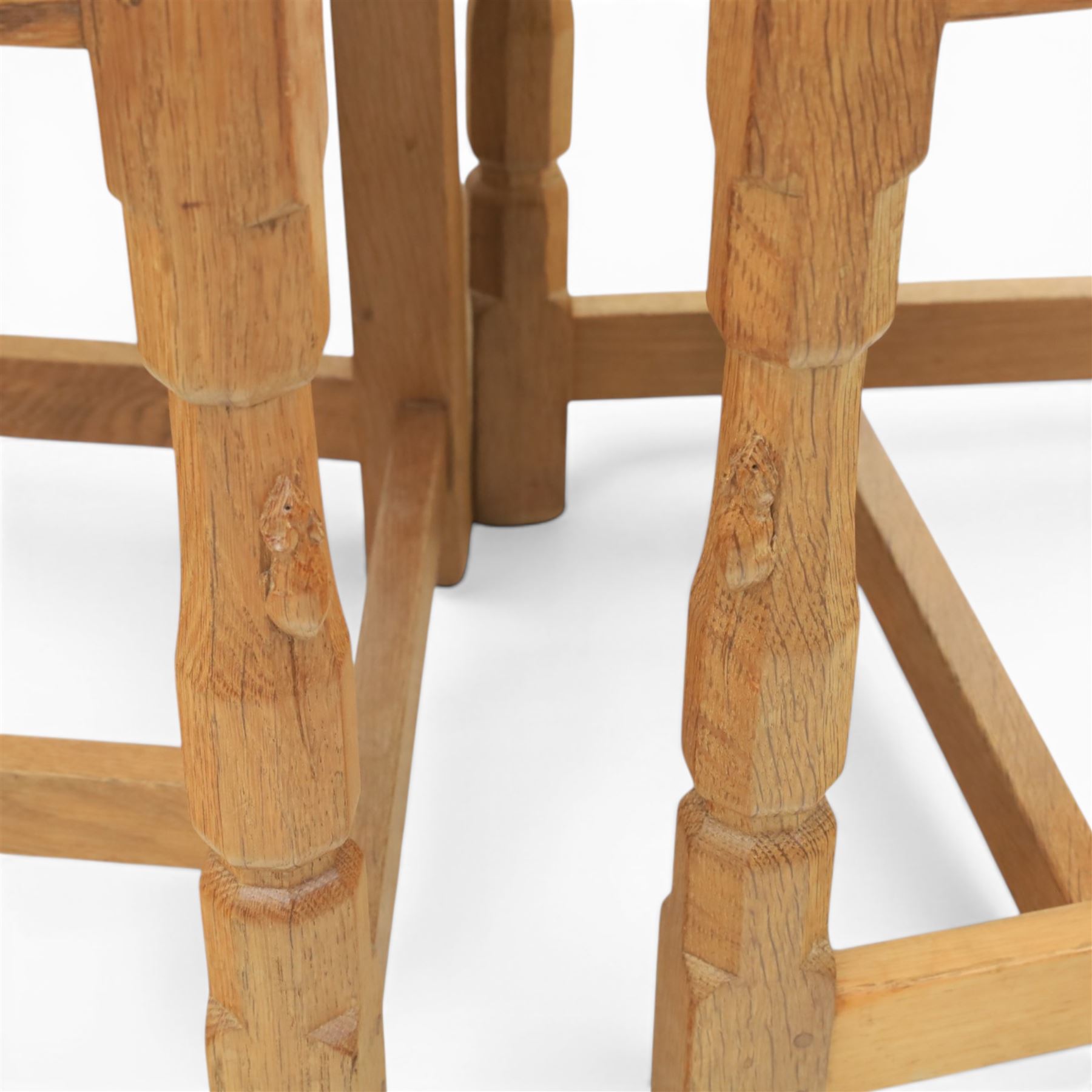 Mouseman - set of four oak lattice back chairs with tan seat with brass studded trim, with carved mouse signature, by the workshop of Robert Thompson of Kilburn