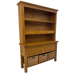 Manor Oak - light oak dresser and rack, fitted with two shelves with three drawers, two deep drawers and pot baked base with basket storage