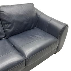 Large three-seat sofa (W212cm, H93cm, D102cm); and matching two-seat sofa (W175cm); upholstered in stitched navy blue leather 