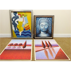  Buddah, contemporary oil on canvas indistinctly signed, Abstract Figures and Tree Lines, three prints on board and large collection of  contemporary prints, mostly in modern frames max 89cm x 69cm (27)  