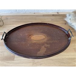 Mid 20th brass bankers lamp upon circular spreading base, mahogany oval twin handled tray with inlaid shell decoration, together with reindeer skin and leopard skin 
