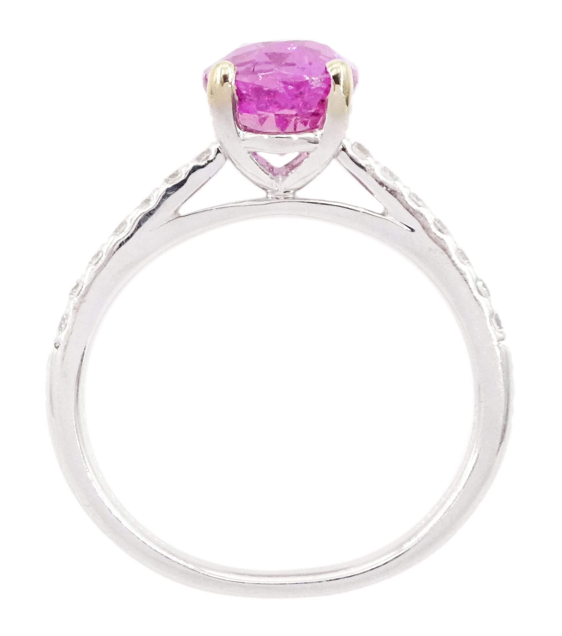 18ct white gold pink sapphire and diamond ring, single oval cut sapphire of approx 2.80 carat, with round brilliant cut diamond shoulders, hallmarked