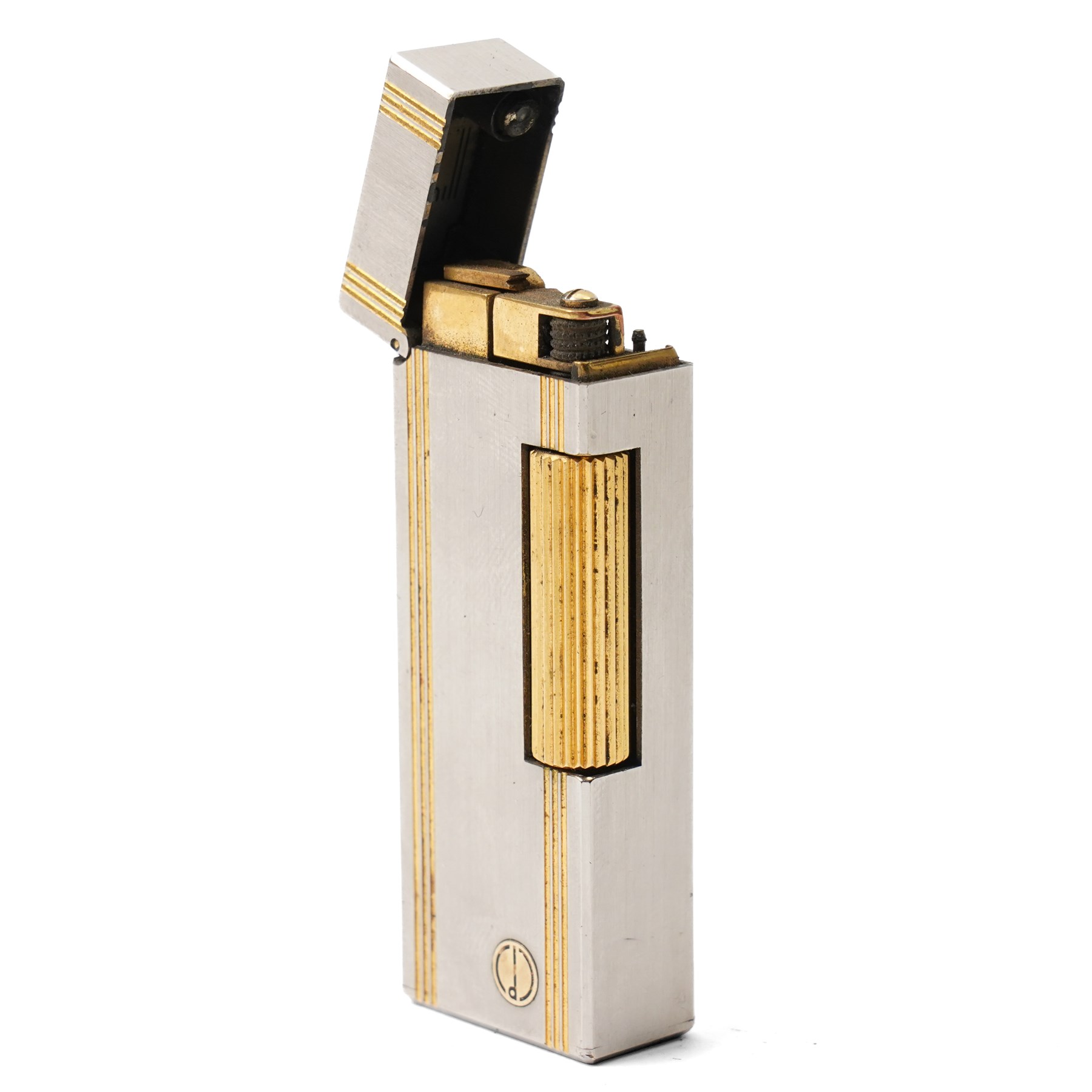 Dunhill - Rollagas lighter, silver-tone metal with gilt linear decoration and gilt ribbed thumbpiece, H6.5cm 