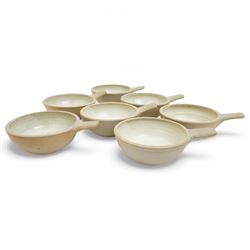 Set of seven Winchcombe studio pottery soup bowls, with impressed marks to bases, D17cm including handles