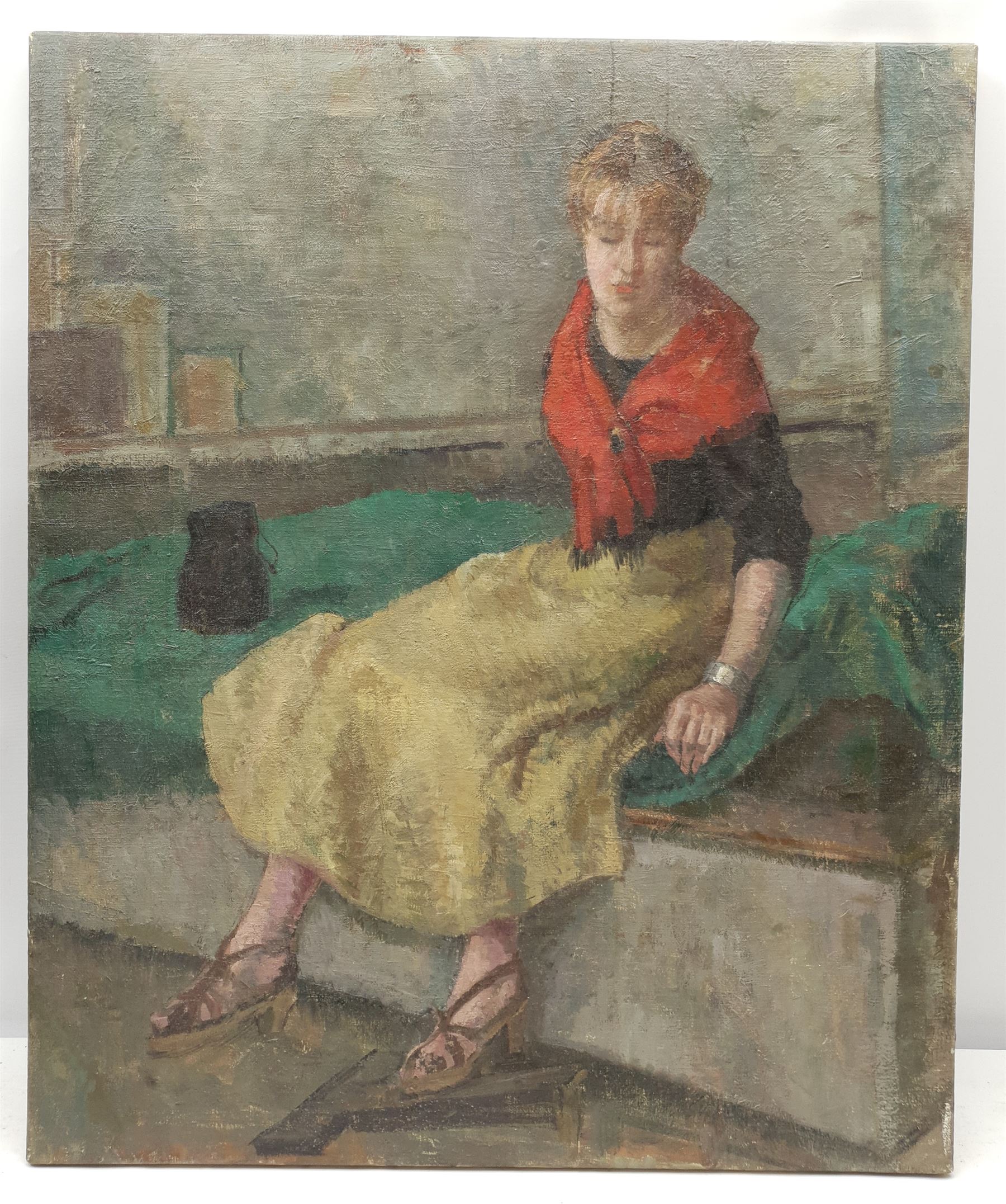 Constance Anne Parker (British 1921-2016): Young Lady at her Bedside, oil on canvas signed verso 76cm x 62cm