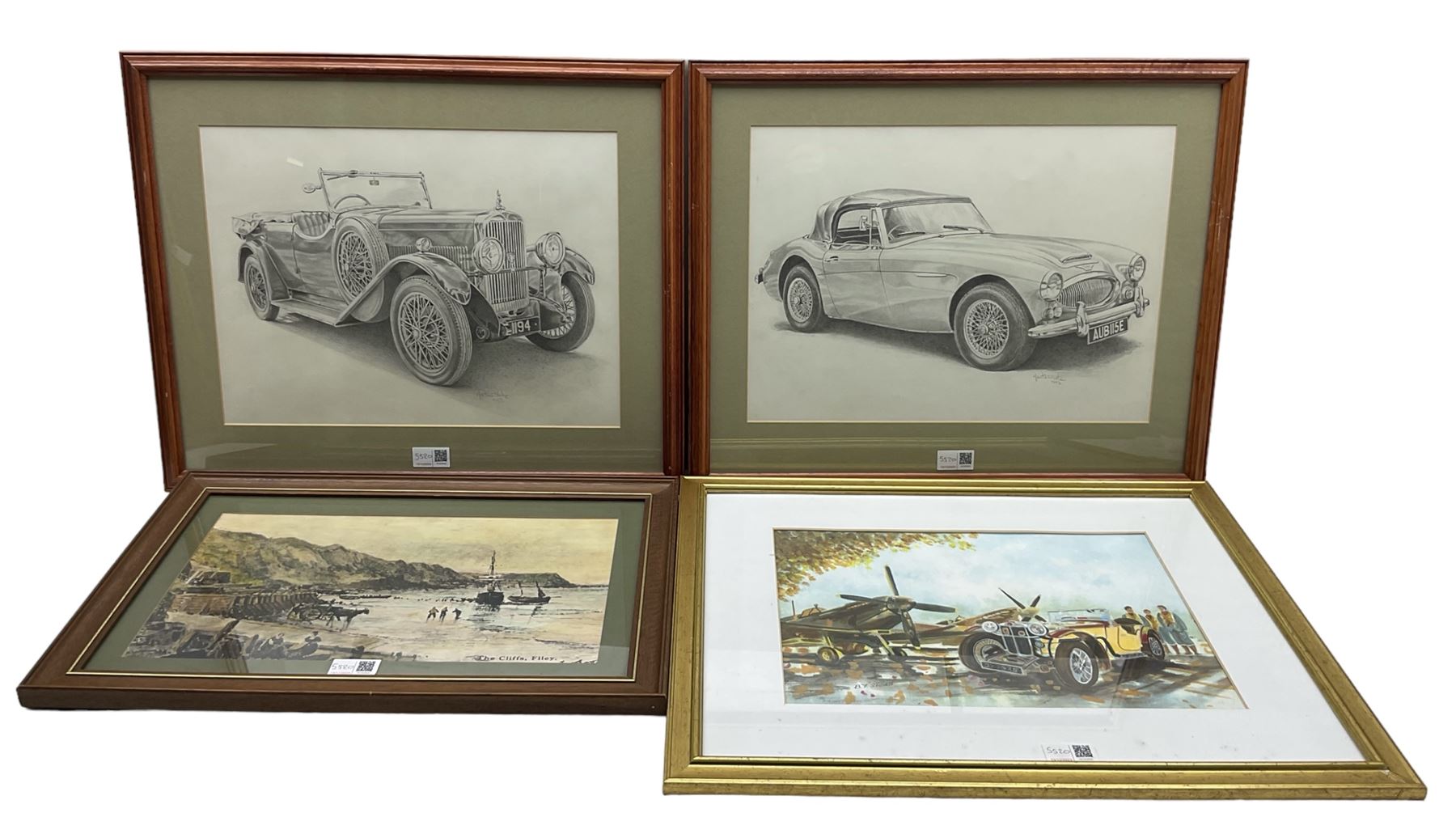 After Frederick Gordon Crosby (British 1885-1943): 'Gordon Bennett Race 1905 and 'Targa Florio 1907', pair colour prints 59cm x 74cm, together with three further racing pictures and a print of Filey (6)