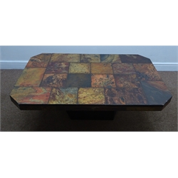  Rectangular slate pedestal coffee table, canted corners,  W122cm, H41cm  