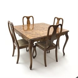  Italian marquetry top walnut square dining table, cabriole legs (W120cm, H77cm, D120cm) and set four chairs, upholstered seat, cabriole legs on pad feet (W49cm) (5)  