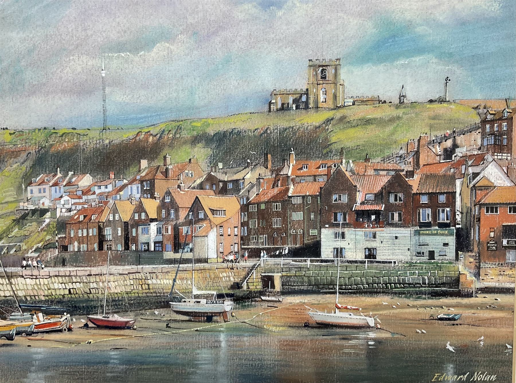 Edward Nolan ARCA (British 1934-): Yachts Moored beside Tate Hill Pier Whitby, pastel signed 22cm x 30cm 
Provenance: with The Penny Hedge Gallery Whitby, label verso