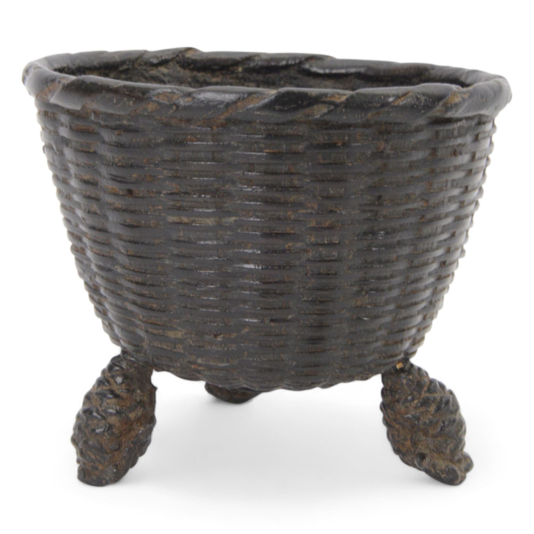 Japanese bronze censer shaped as a basket upon three legs modelled as fern cones, H12cm 