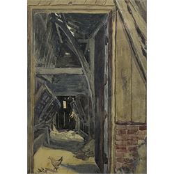 Marjorie Holland (British early 20th century): 'Interior of an Old Barn - Little Norton', watercolour signed, titled verso 30cm x 20cm; English School (early 20th century): Street Scene, watercolour unsigned 36cm x 23cm; Continental School (19th/20th century): 19th Century Market Scene, watercolour signed with initials JMC 17cm x 19cm (3)