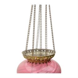 Cranberry glass ceiling oil lamp, of waisted form with metal mounts, 