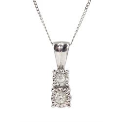 White gold two stone diamond pendant necklace and two pairs of diamond cluster stud earrings, all 9ct stamped
