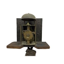 A mid-18th century 30-hour provincial longcase clock by John Darke of Holdsworthy (Devon), in an oak case with a flat-topped pediment, square hood door flanked by two free standing pillars with brass capitals, trunk with a flat-topped full-length door on a rectangular plinth with applied shaped skirting, a 9-1/2” square brass dial with a matted centre and brass (unsilvered) chapter ring, engraved with roman numerals, half and quarter hour divisions, single steel hand and 