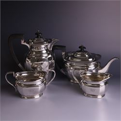 1930s silver four piece tea service, comprising teapot, hot water pot, sugar bowl and milk...