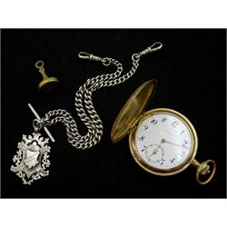 Early 20th century silver tapering Albert chain with fob and brass seal fob and a gold-plated full hunter lever pocket watch by Drusus