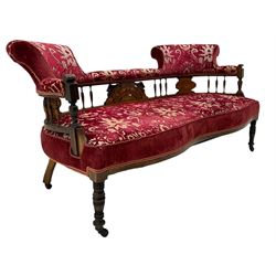 Edwardian inlaid rosewood salon suite, upholstered in red and gold fabric, comprising two seat sofa, pair of tub shaped armchairs, and four side chairs