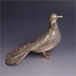 Mid 20th century Iranian silver model of bird, with engraved feathers, stamped with lion with scimitar to underside of tail, H11cm