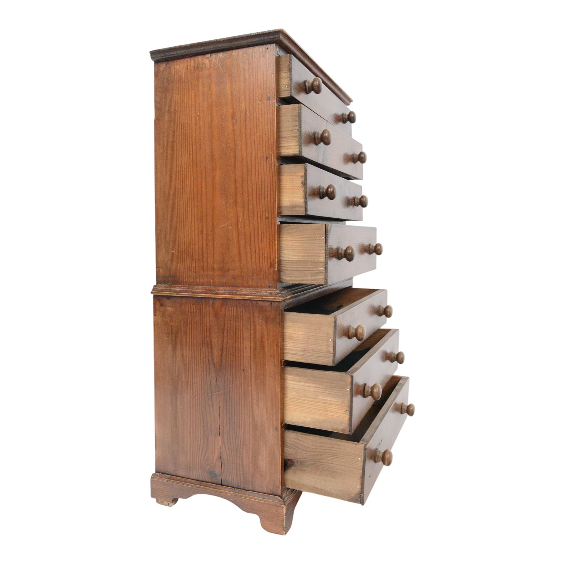 Table top straight-fronted chest on chest, with seven large draws, raised on bracket feet, H58cm 