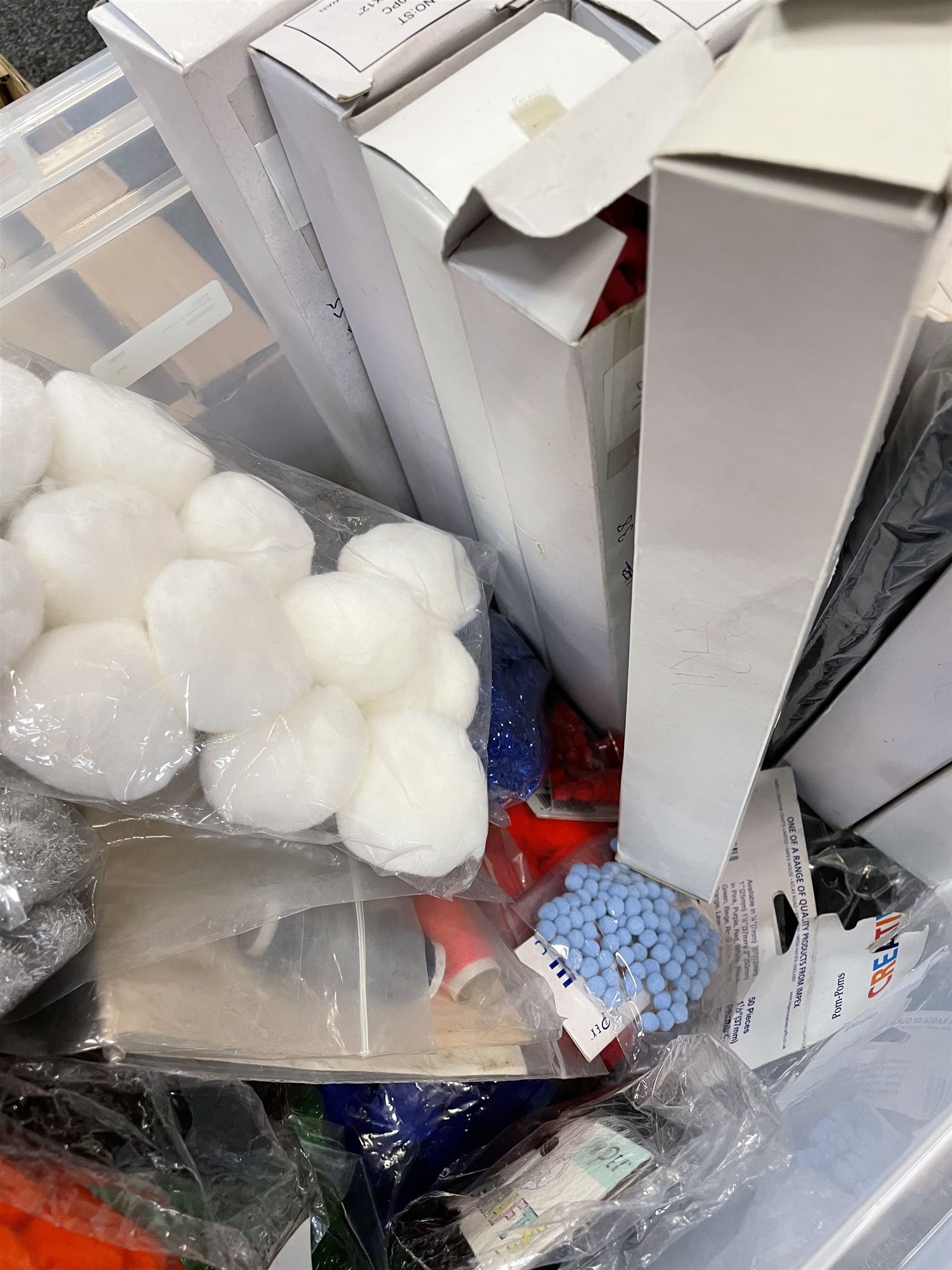 Haberdashery Shop Stock: Reels of Slyko Supreme & Raylon Madeira thread, Creative Craft pompoms and other craft-making supplies, boxes of Anchor Pearl Cotton, perforated plastic canvases etc in three boxes