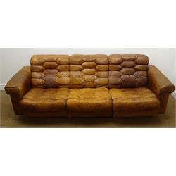  1970's De Sede DS-P three seat cognac leather extendable sofa on chrome supports, designed by Robert Haussmann, W233cm  