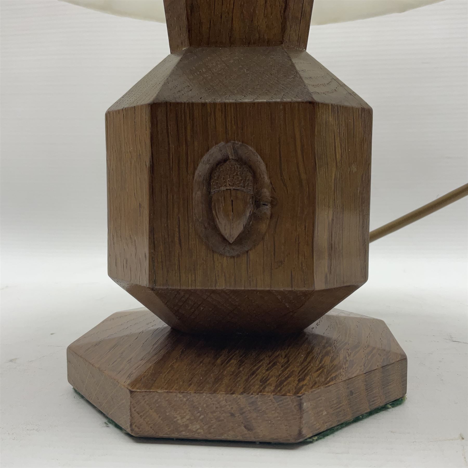 Acornman - oak table lamp, stepped and canted rectangular form on octagonal base, carved with acorn signature, by Alan Grainger, Brandsby, York