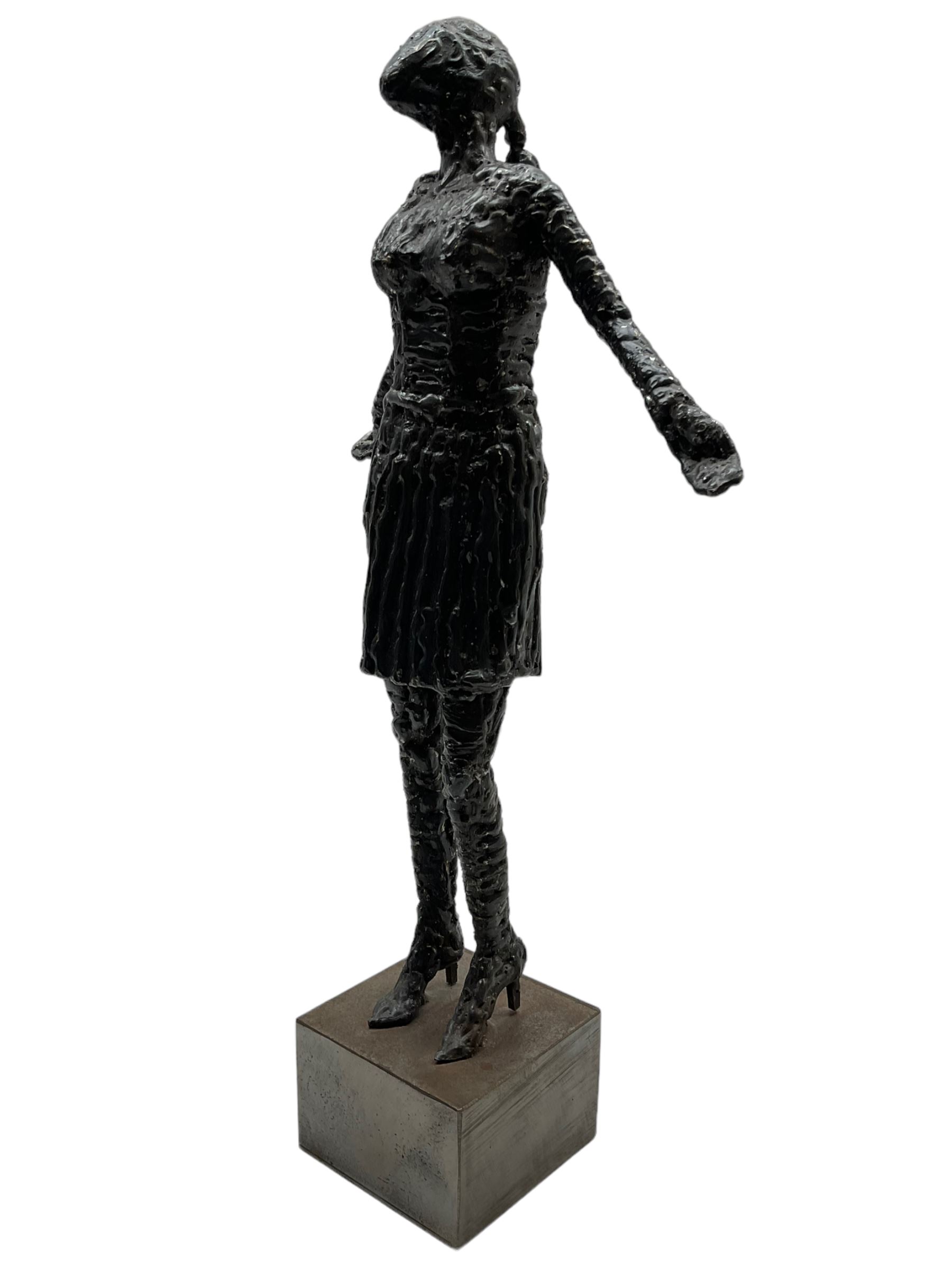 Ray Lonsdale (Northern British 1965-): 'The Ballad of Youths Farewell', steel statuette signed titled and dated 2010 to the base, H37cm including base 
Notes: originally a steel fabricator from Durham, sculpture had always been Ray’s passion, and after winning The People’s Award within the Hanging Jury Competition in Newcastle 2003, he now works as an artist full-time. He is best known for his large-scale public sculptures, such as 'Freddie Gilroy and the Belsen Stragglers' on Scarborough North Bay, 'The Tunney' on Scarborough Pier, 'The Smugglers Apprentice' on Merchants Row, and 'A High Tide in Short Wellies' on the Coble Landing Filey.
