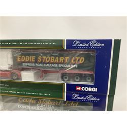 Corgi - four limited edition 1:50 scale Eddie Stobart heavy haulage vehicles comprising CC12802 Scania T-Cab Bulk Tipper; CC13207 DAF XF Space Cab and Flatbed Trailer; CC13101 Volvo F88 Box Trailer; and CC12607 Scammell Crusader Tautliner; all boxed (4)