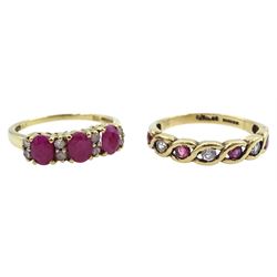 Gold three stone oval cut ruby and round brilliant cut diamond ring and a gold ruby and cubic zirconia half eternity ring, both hallmarked 9ct