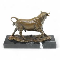 After Antoine Louis Barye - bronze figure of a charging Bull, H13cm 
