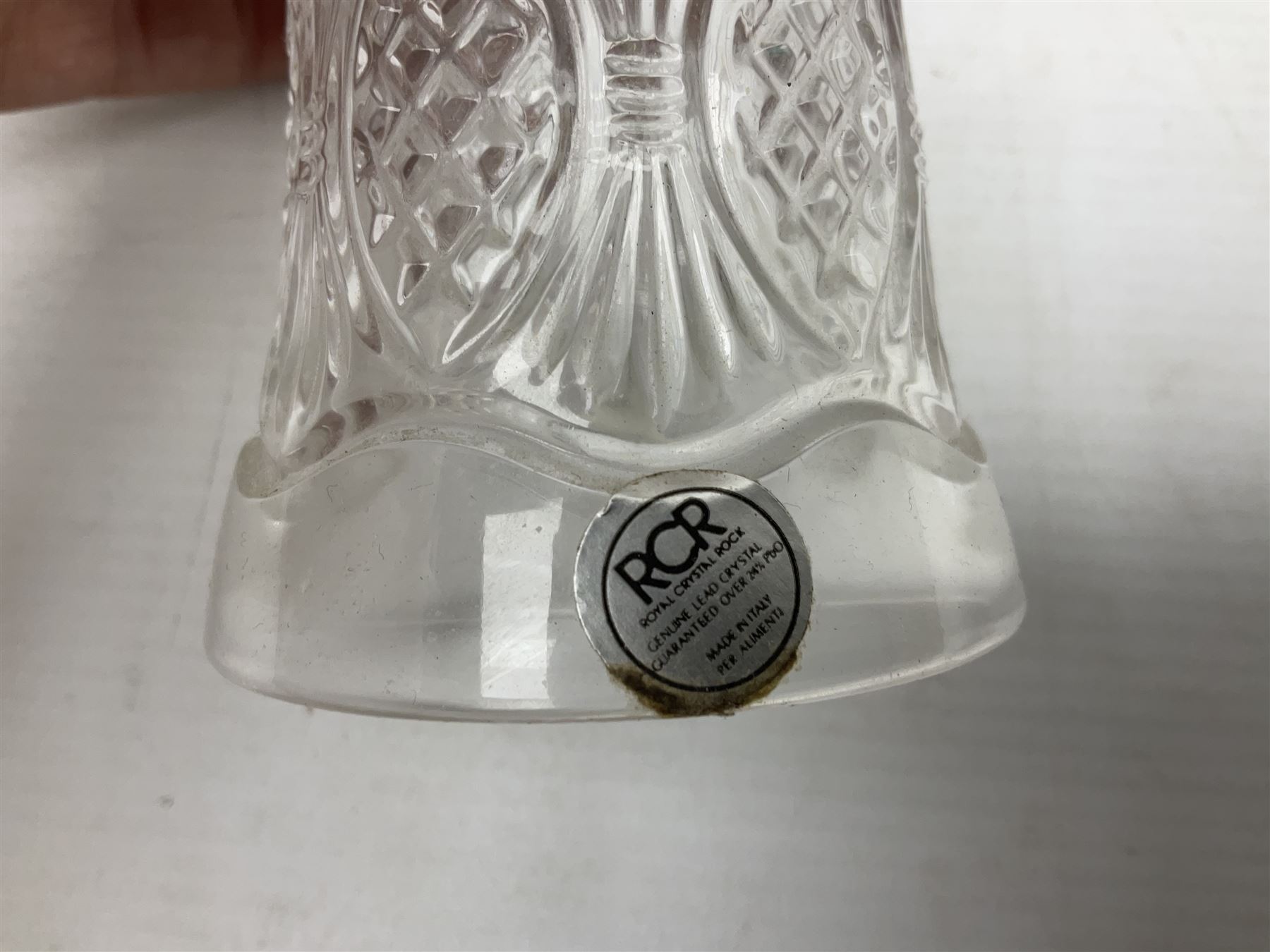 Val St. Lambert cut glass twin branch candelabra, signed beneath, together with quantity of other glassware to include decanters, etc