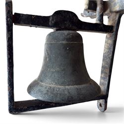 19th century cast iron outdoor bell bracket with bronze bell, lever action, finished in black paint
