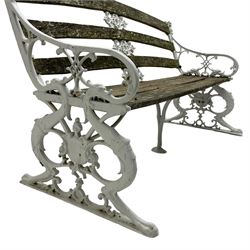 Late 19th century white painted cast iron and wood slatted garden bench, the bench ends in the form of S-scroll mythical beasts with paw feet, central cartouche surrounded by extending trailing foliage, the back slats divided by scroll cast splats, central seat support 