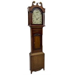 A mid-19th century oak and mahogany longcase clock with a swans neck pediment, brass paterae and a central ball and eagle finial, stepped break arch hood door and flanking waisted pillars with brass capitals, mahogany veneered trunk with canted corners and a short contrasting oak door with applied carving above on a rectangular oak plinth with a shaped base, painted break arch dial, roman numerals and minute markers, matching brass hands with a semi-circular calendar aperture and date disc behind, depiction of a floral bouquet to the break arch and conforming spandrels, dial pinned directly to a 30-hours chain driven movement with countwheel striking, striking the hour on a cast bell. With pendulum and weight
	

